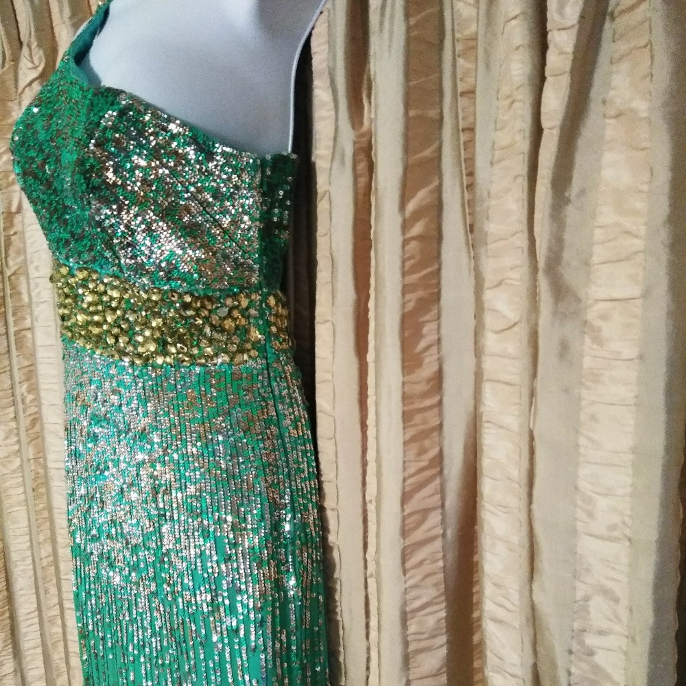 Size 8 Sherri Hill Teal Silk One-Shoulder Dress - Picture 3 of 9